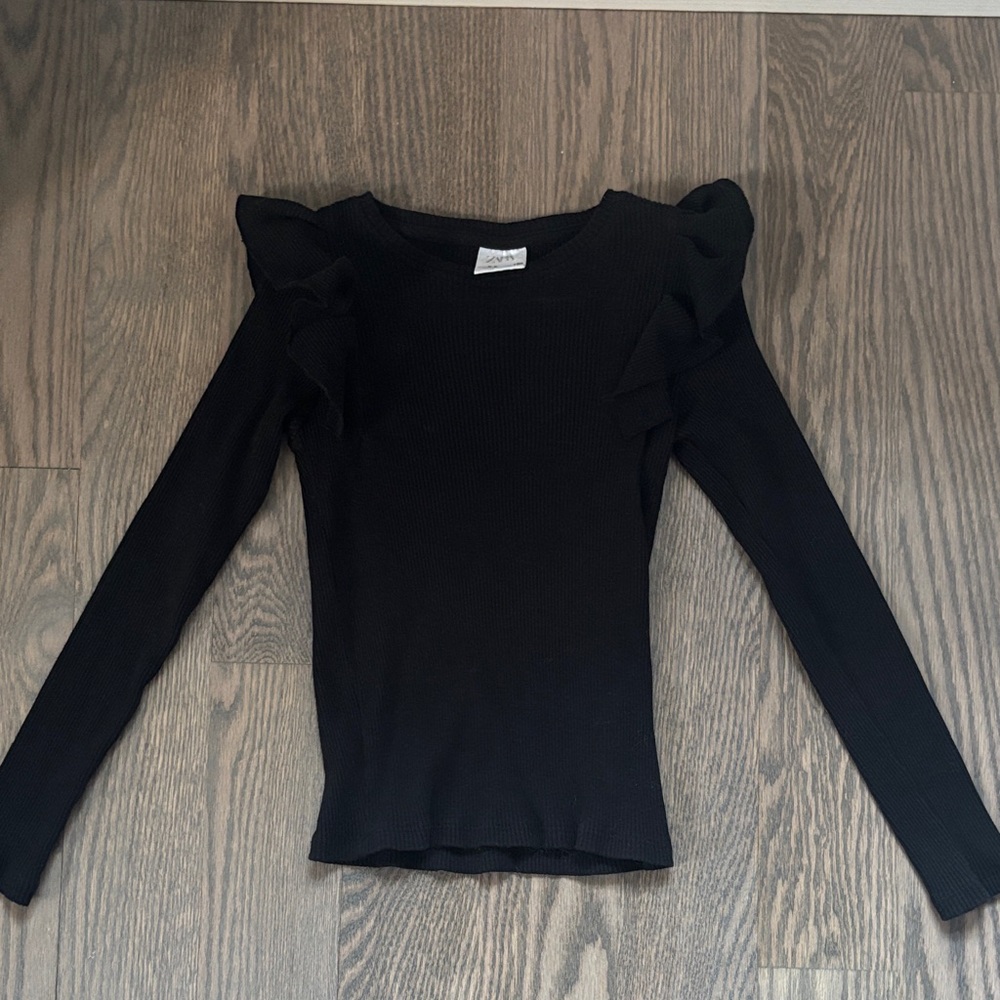 Zara Black Ruffled Sleeve Ribbed Long Sleeve